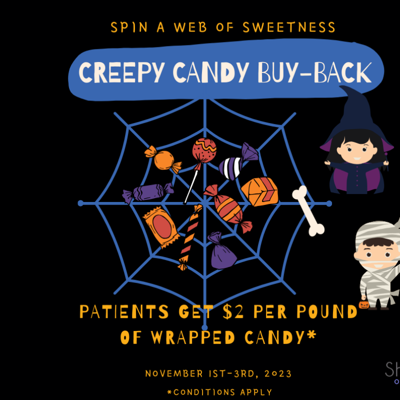 Image of kids in Halloween costumes and candy trapped in spider web