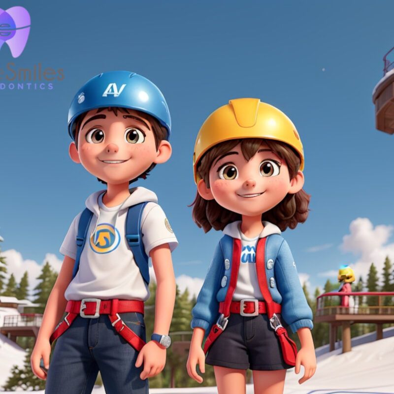 Boy and girl wearing zip-line attire in a 3D animation style